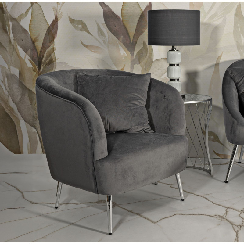 Fauteuil moderne chic en Velours Gris Métal Argenté Bois Silvery 
