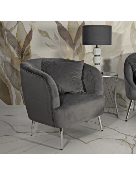 Fauteuil moderne chic en Velours Gris Métal Argenté Bois Silvery 