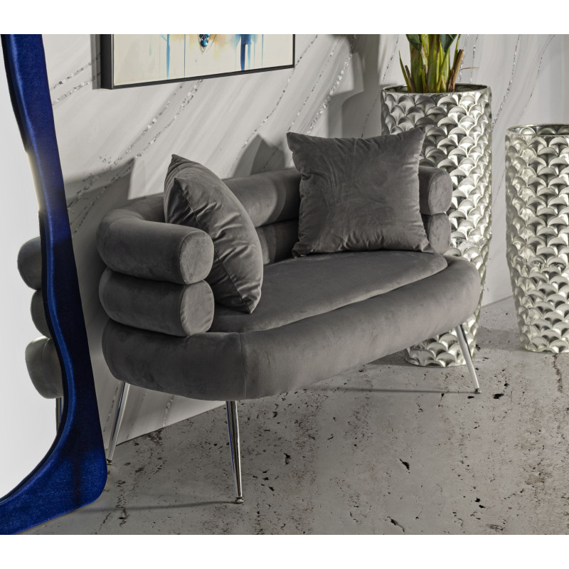 Canapé moderne original Droit 2 places en Velours Gris Métal Argenté Bois Silvery Plus 