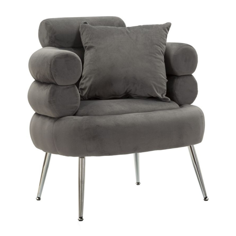 Fauteuil moderne original en Velours Gris Métal Argenté Bois Silvery Plus 