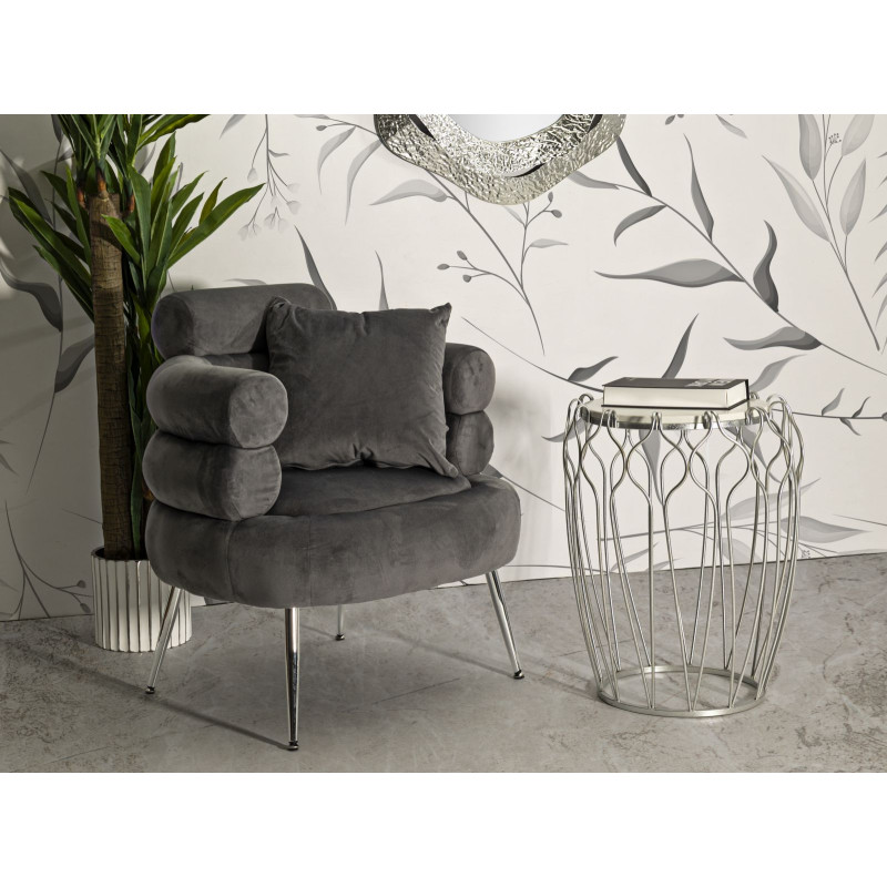 Fauteuil moderne original en Velours Gris Métal Argenté Bois Silvery Plus 