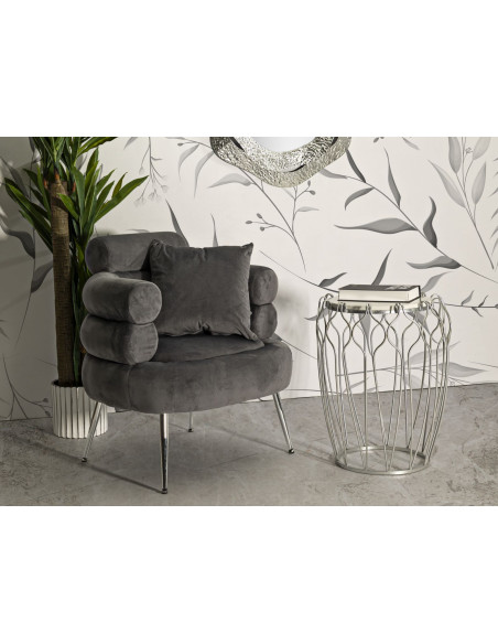 Fauteuil moderne original en Velours Gris Métal Argenté Bois Silvery Plus 