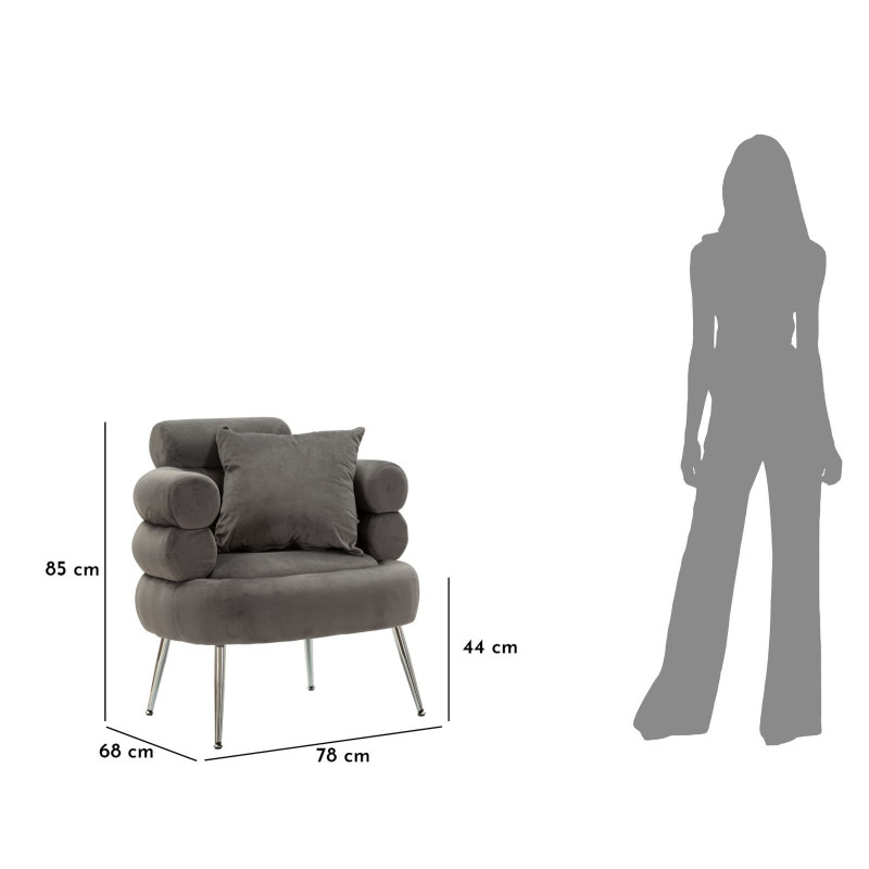 Fauteuil moderne original en Velours Gris Métal Argenté Bois Silvery Plus 