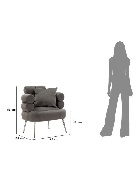 Fauteuil moderne original en Velours Gris Métal Argenté Bois Silvery Plus 