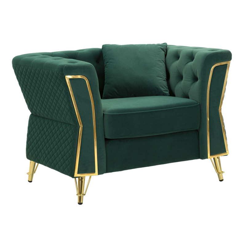 Grand Fauteuil capitonné moderne en Velours Vert foncé Métal Doré Bois Emy 