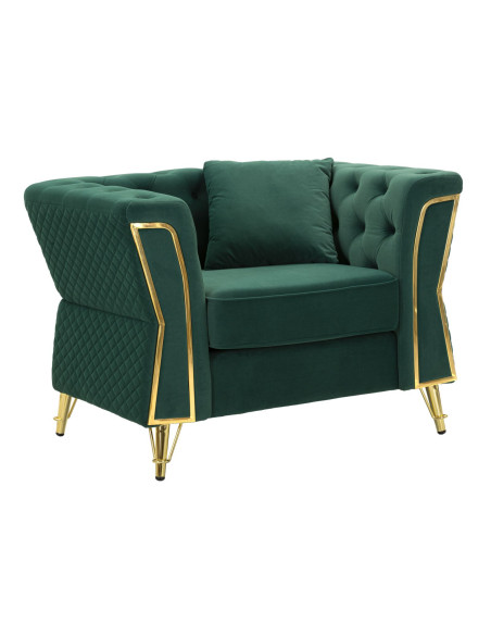 Grand Fauteuil capitonné moderne en Velours Vert foncé Métal Doré Bois Emy 