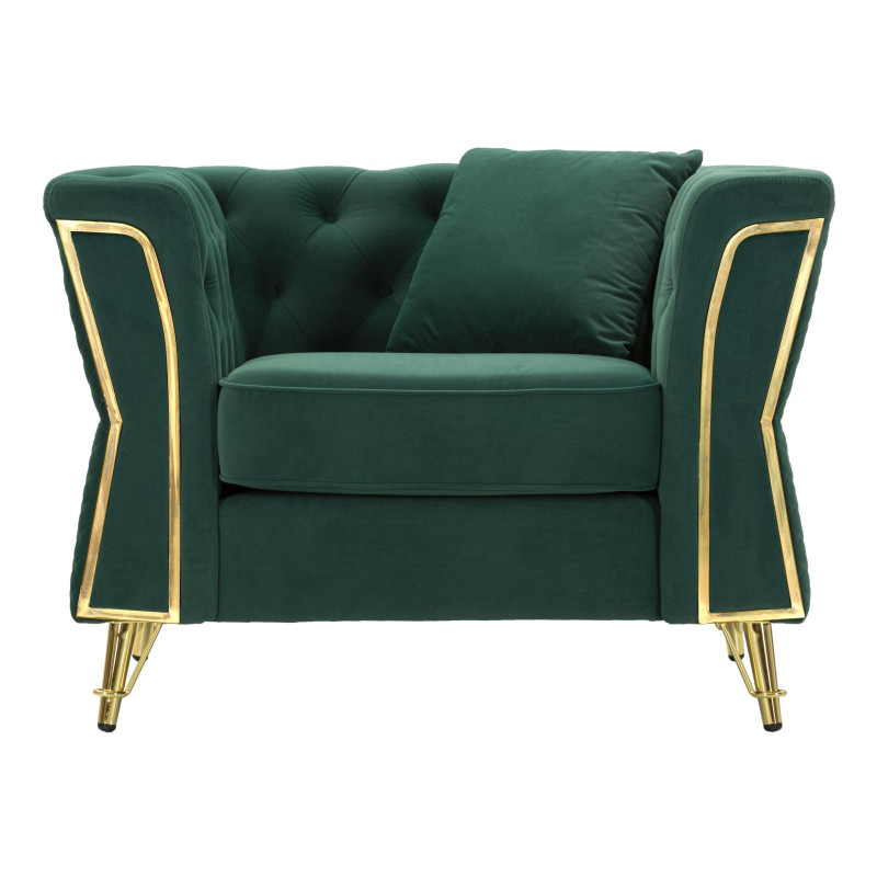 Grand Fauteuil capitonné moderne en Velours Vert foncé Métal Doré Bois Emy 