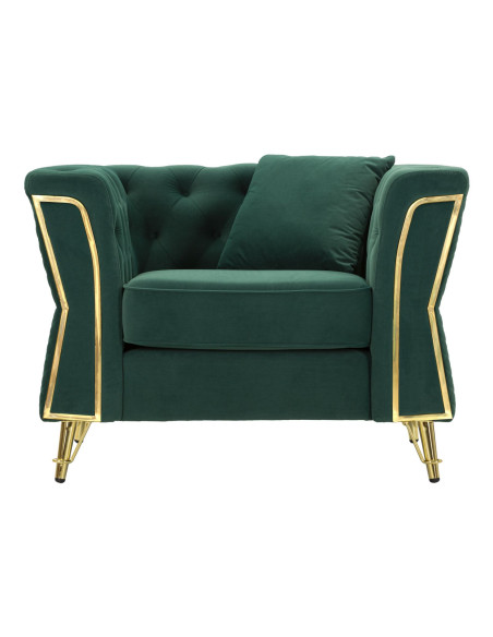 Grand Fauteuil capitonné moderne en Velours Vert foncé Métal Doré Bois Emy 