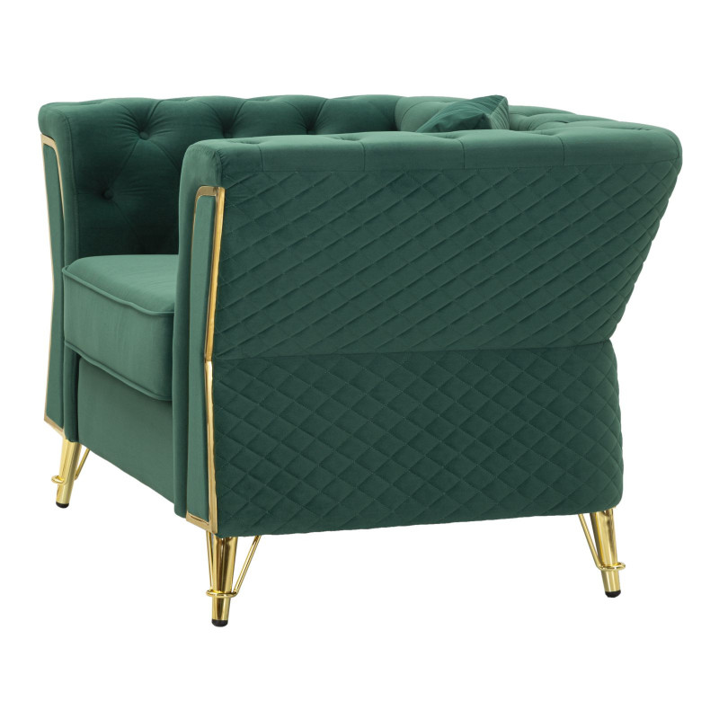Grand Fauteuil capitonné moderne en Velours Vert foncé Métal Doré Bois Emy 