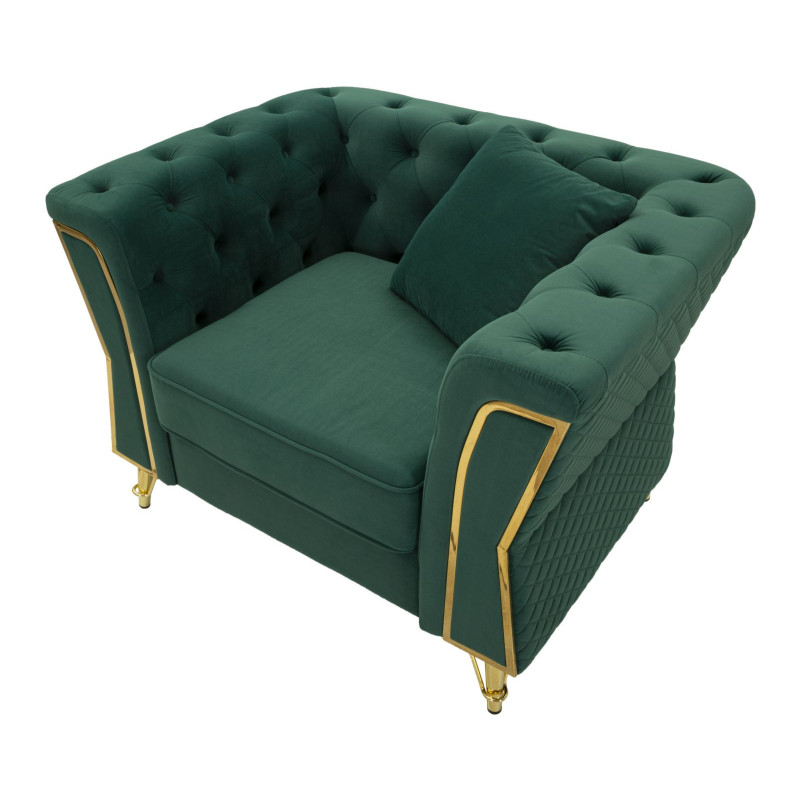 Grand Fauteuil capitonné moderne en Velours Vert foncé Métal Doré Bois Emy 