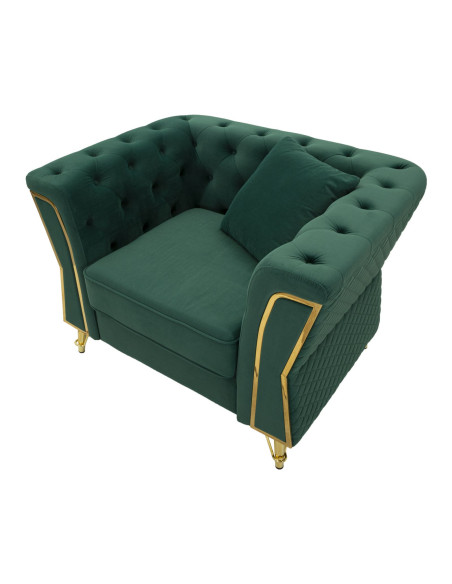 Grand Fauteuil capitonné moderne en Velours Vert foncé Métal Doré Bois Emy 