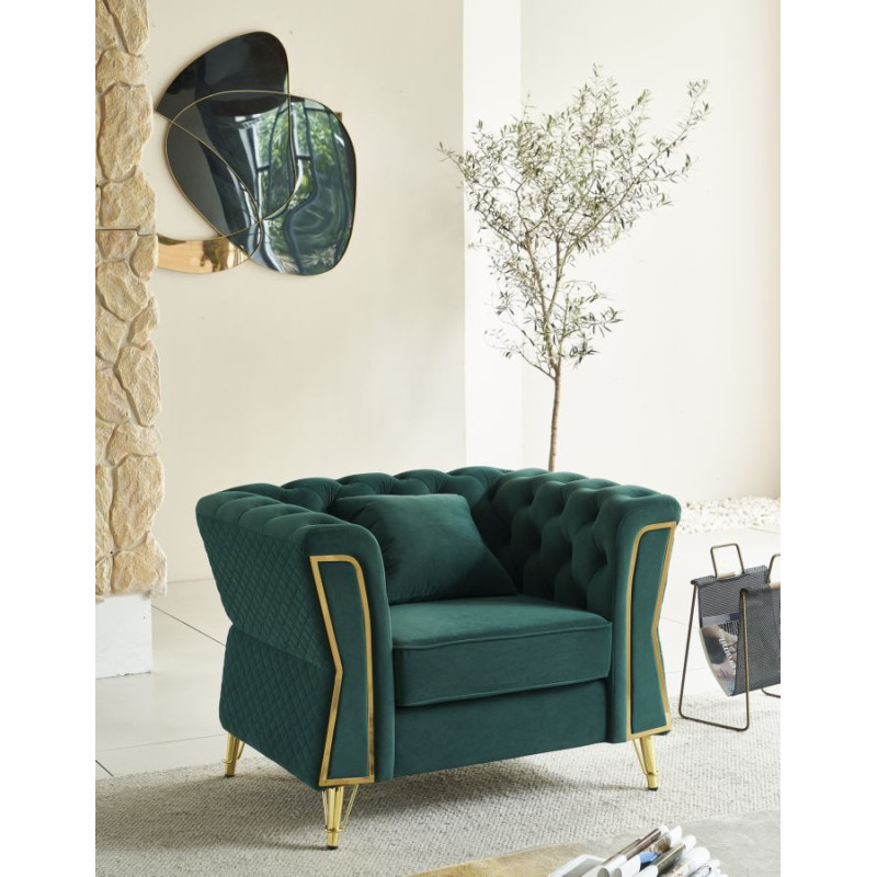 Grand Fauteuil capitonné moderne en Velours Vert foncé Métal Doré Bois Emy 