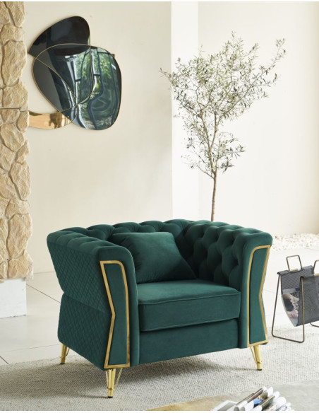 Grand Fauteuil capitonné moderne en Velours Vert foncé Métal Doré Bois Emy 