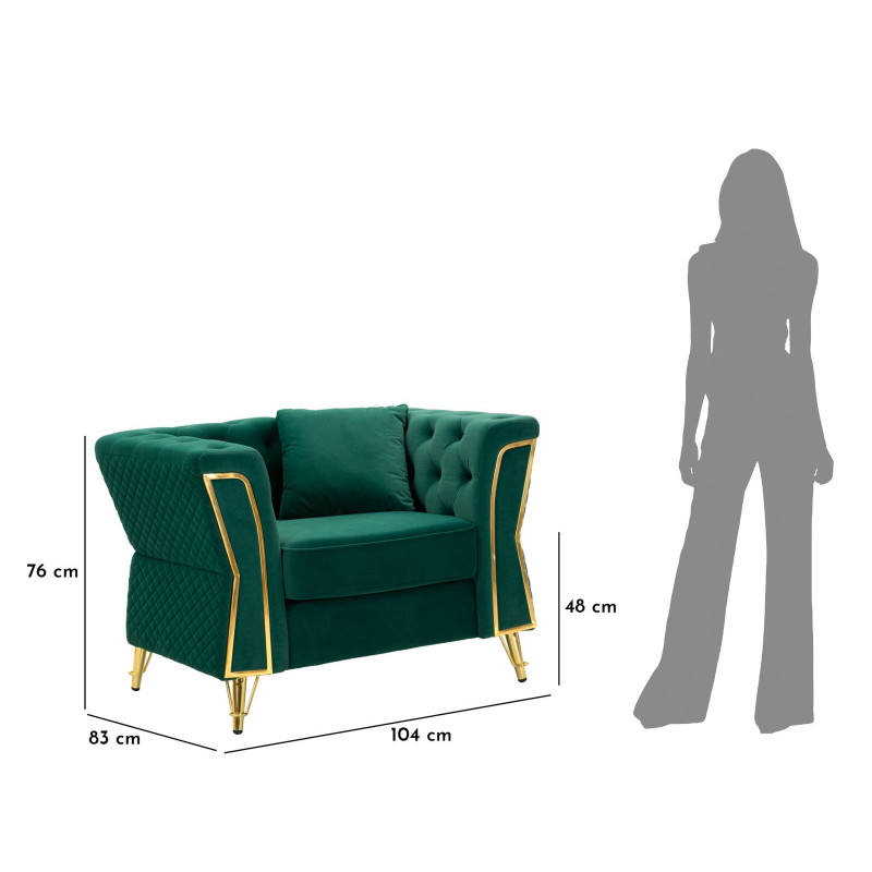 Grand Fauteuil capitonné moderne en Velours Vert foncé Métal Doré Bois Emy 