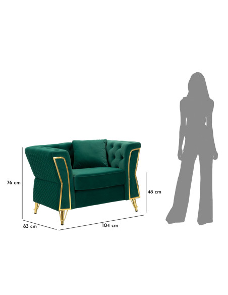 Grand Fauteuil capitonné moderne en Velours Vert foncé Métal Doré Bois Emy 