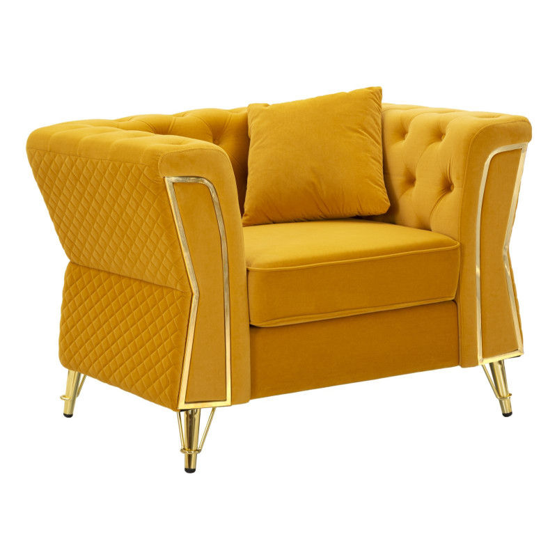 Grand Fauteuil capitonné moderne en Velours Jaune moutarde Métal Doré Bois Emy 