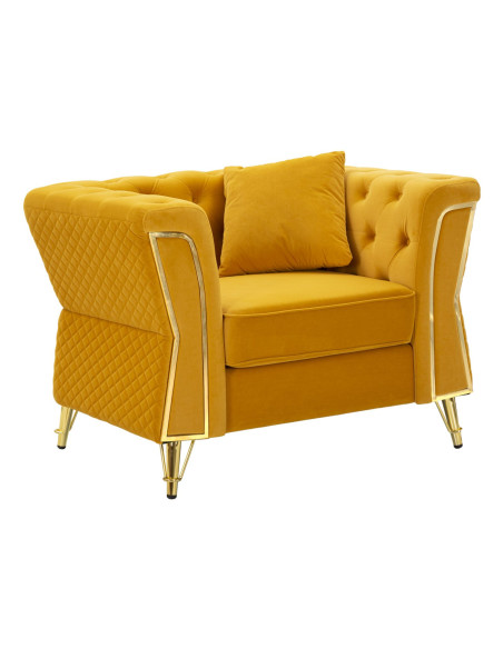Grand Fauteuil capitonné moderne en Velours Jaune moutarde Métal Doré Bois Emy 
