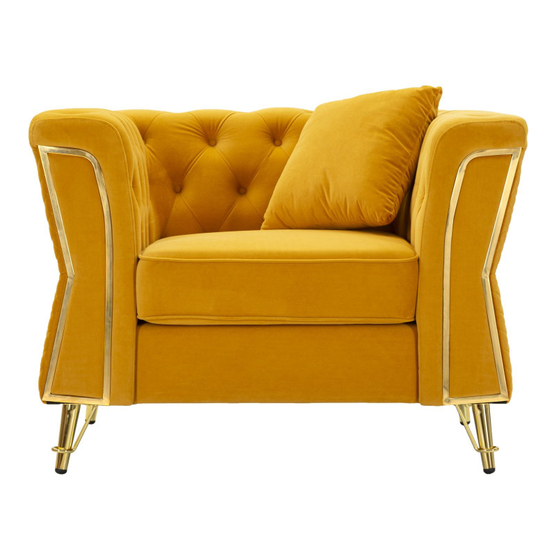 Grand Fauteuil capitonné moderne en Velours Jaune moutarde Métal Doré Bois Emy 
