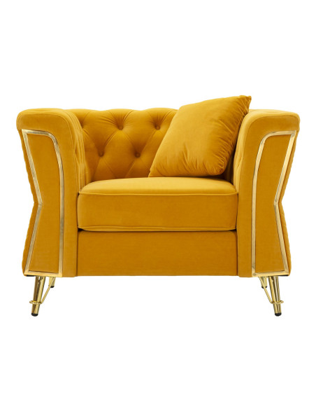 Grand Fauteuil capitonné moderne en Velours Jaune moutarde Métal Doré Bois Emy 