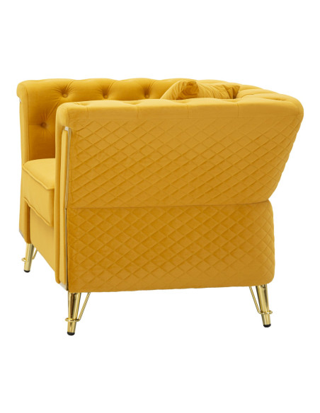 Grand Fauteuil capitonné moderne en Velours Jaune moutarde Métal Doré Bois Emy 