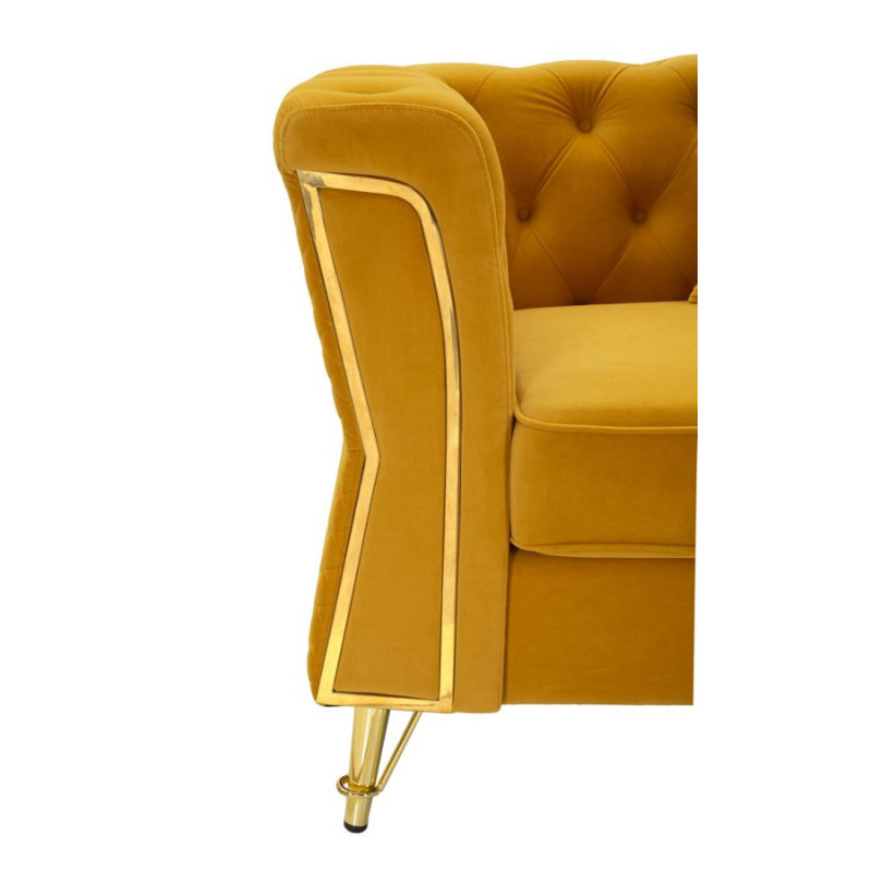 Grand Fauteuil capitonné moderne en Velours Jaune moutarde Métal Doré Bois Emy 