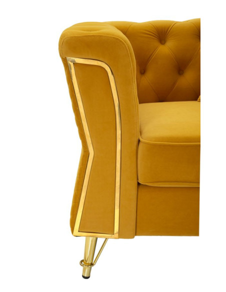 Grand Fauteuil capitonné moderne en Velours Jaune moutarde Métal Doré Bois Emy 