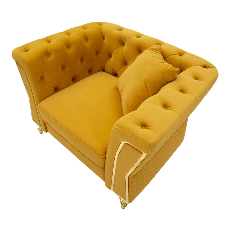 Grand Fauteuil capitonné moderne en Velours Jaune moutarde Métal Doré Bois Emy 