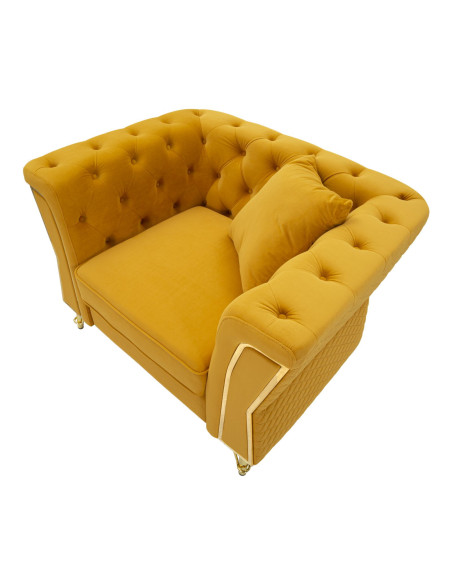 Grand Fauteuil capitonné moderne en Velours Jaune moutarde Métal Doré Bois Emy 