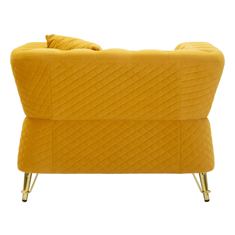 Grand Fauteuil capitonné moderne en Velours Jaune moutarde Métal Doré Bois Emy 
