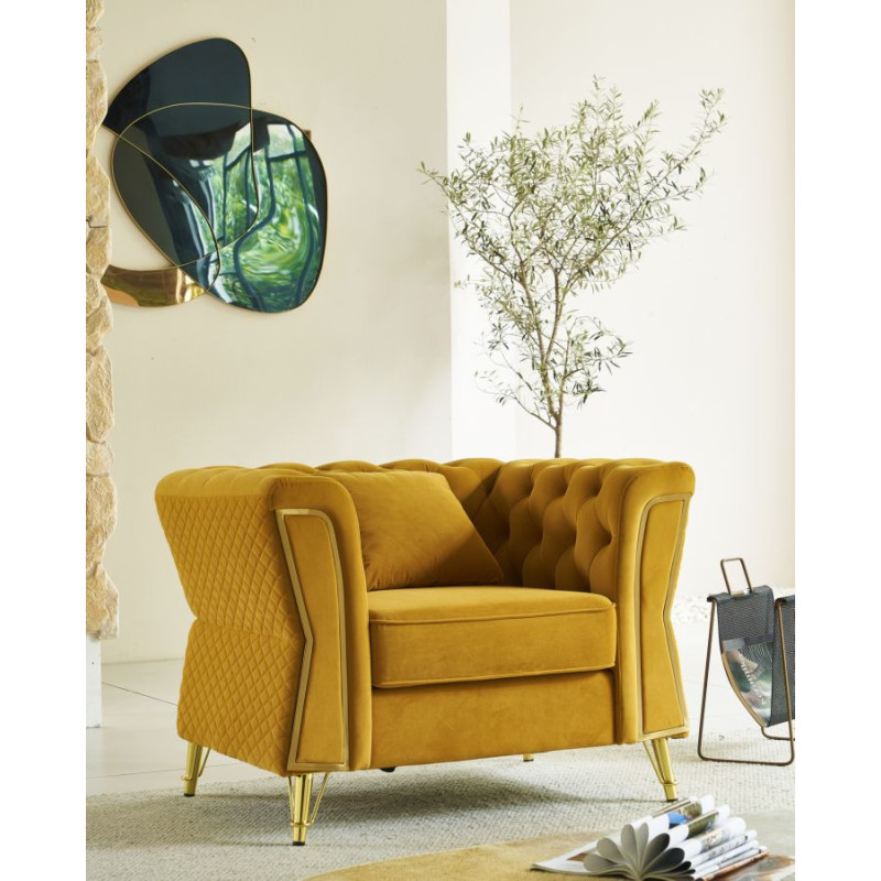 Grand Fauteuil capitonné moderne en Velours Jaune moutarde Métal Doré Bois Emy 