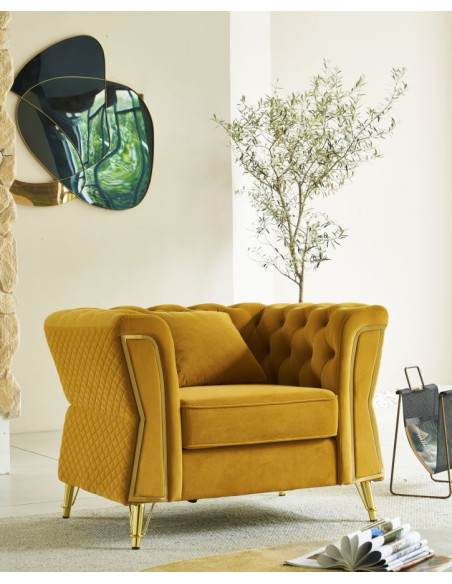 Grand Fauteuil capitonné moderne en Velours Jaune moutarde Métal Doré Bois Emy 