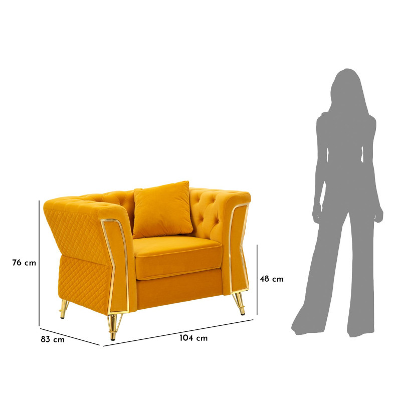 Grand Fauteuil capitonné moderne en Velours Jaune moutarde Métal Doré Bois Emy 