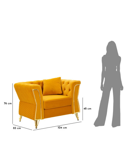 Grand Fauteuil capitonné moderne en Velours Jaune moutarde Métal Doré Bois Emy 