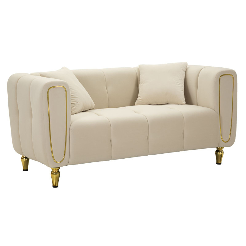 Canapé moderne chic Droit 2 places en Tissu Blanc crème Métal Doré Bois Alma 