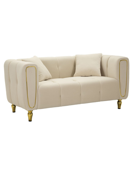 Canapé moderne chic Droit 2 places en Tissu Blanc crème Métal Doré Bois Alma 