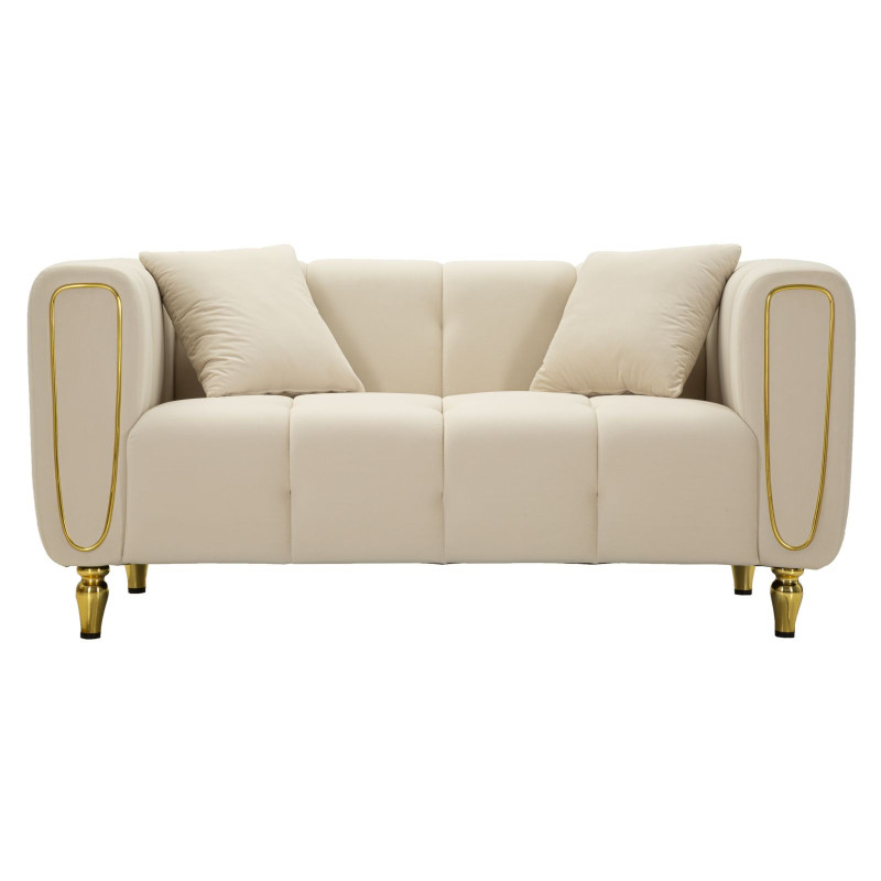 Canapé moderne chic Droit 2 places en Tissu Blanc crème Métal Doré Bois Alma 