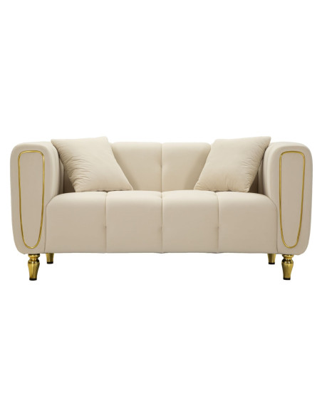 Canapé moderne chic Droit 2 places en Tissu Blanc crème Métal Doré Bois Alma 