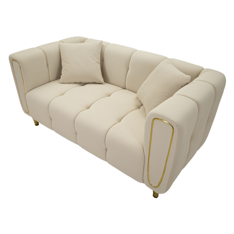 Canapé moderne chic Droit 2 places en Tissu Blanc crème Métal Doré Bois Alma 