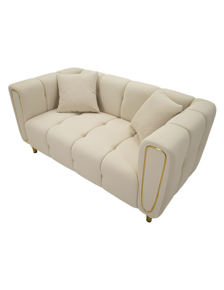 Canapé moderne chic Droit 2 places en Tissu Blanc crème Métal Doré Bois Alma 