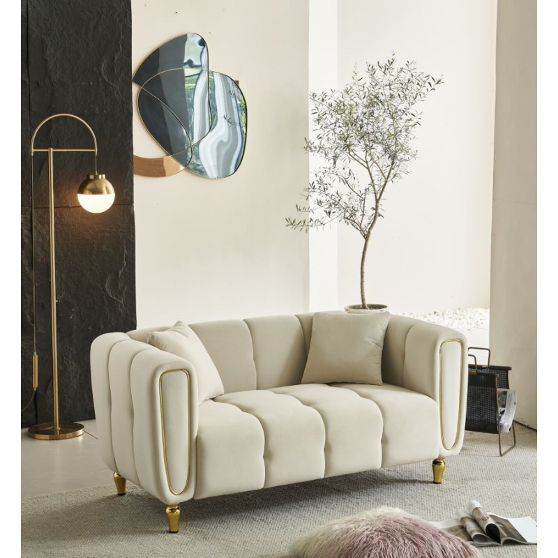 Canapé moderne chic Droit 2 places en Tissu Blanc crème Métal Doré Bois Alma 