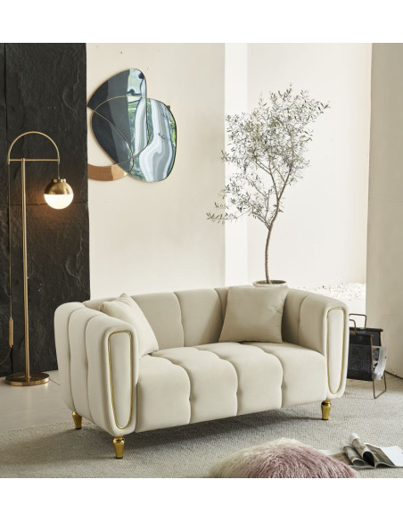 Canapé moderne chic Droit 2 places en Tissu Blanc crème Métal Doré Bois Alma 