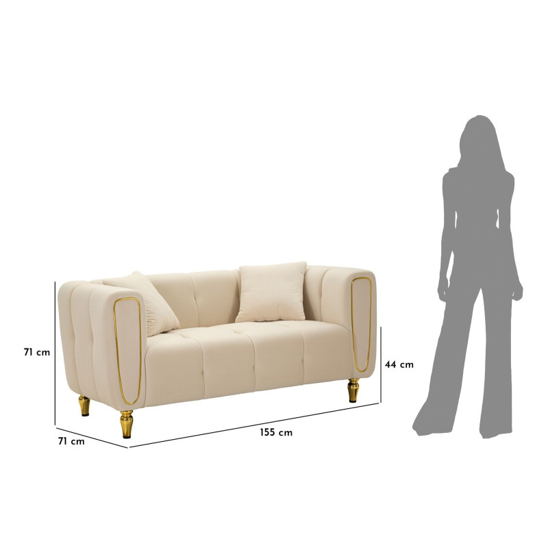 Canapé moderne chic Droit 2 places en Tissu Blanc crème Métal Doré Bois Alma 