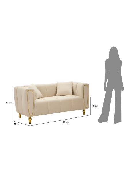 Canapé moderne chic Droit 2 places en Tissu Blanc crème Métal Doré Bois Alma 