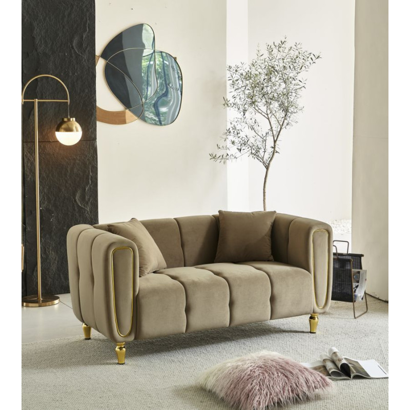 Canapé moderne chic Droit 2 places en Tissu Gris Métal Doré Bois Alma 