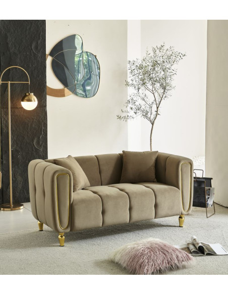 Canapé moderne chic Droit 2 places en Tissu Gris Métal Doré Bois Alma 