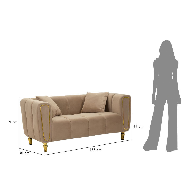 Canapé moderne chic Droit 2 places en Tissu Gris Métal Doré Bois Alma 