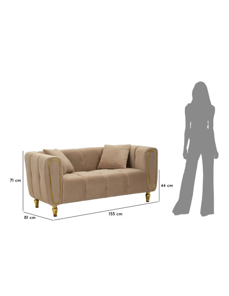 Canapé moderne chic Droit 2 places en Tissu Gris Métal Doré Bois Alma 