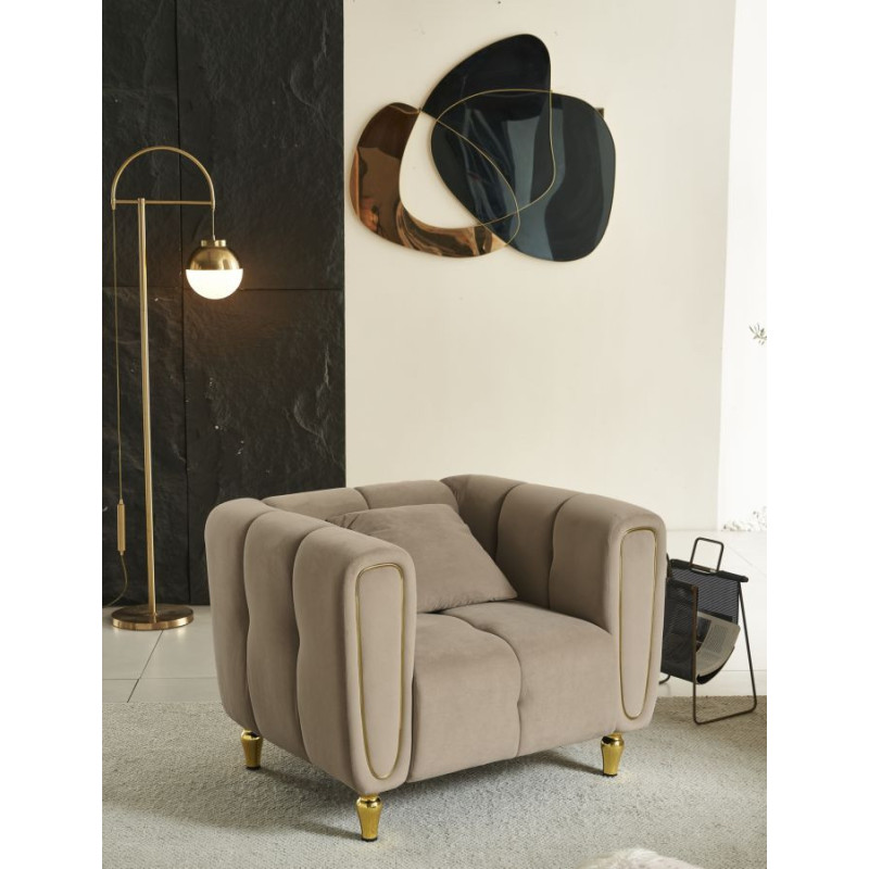 Fauteuil moderne chic en Tissu Gris Métal Doré Bois Alma 