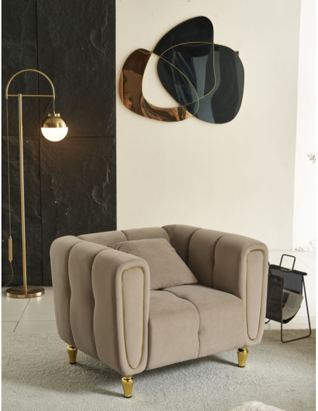 Fauteuil moderne chic en Tissu Gris Métal Doré Bois Alma 