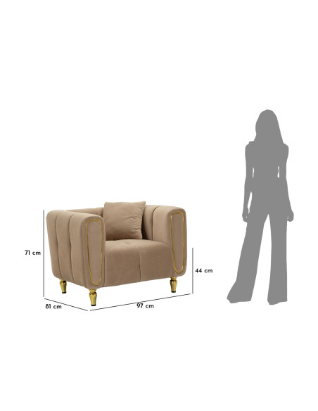 Fauteuil moderne chic en Tissu Gris Métal Doré Bois Alma 